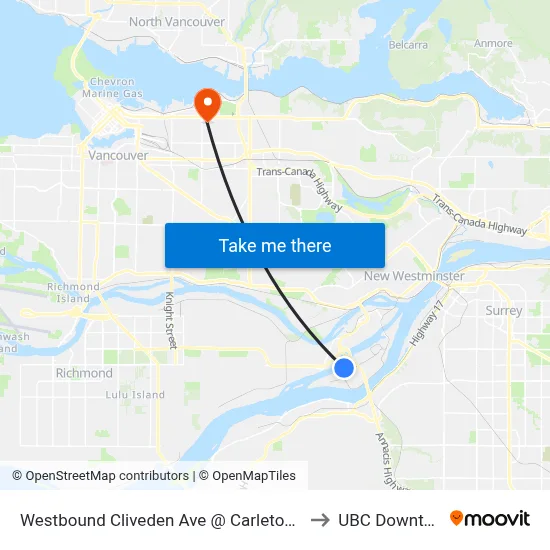 Westbound Cliveden Ave @ Carleton Court to UBC Downtown map