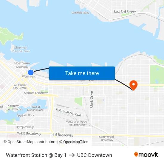 Waterfront Station @ Bay 1 to UBC Downtown map