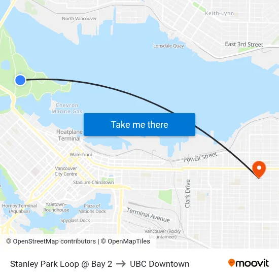 Stanley Park Loop @ Bay 2 to UBC Downtown map