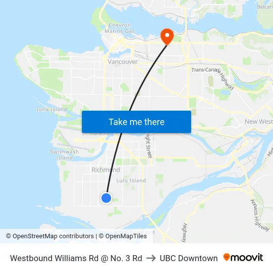 Westbound Williams Rd @ No. 3 Rd to UBC Downtown map