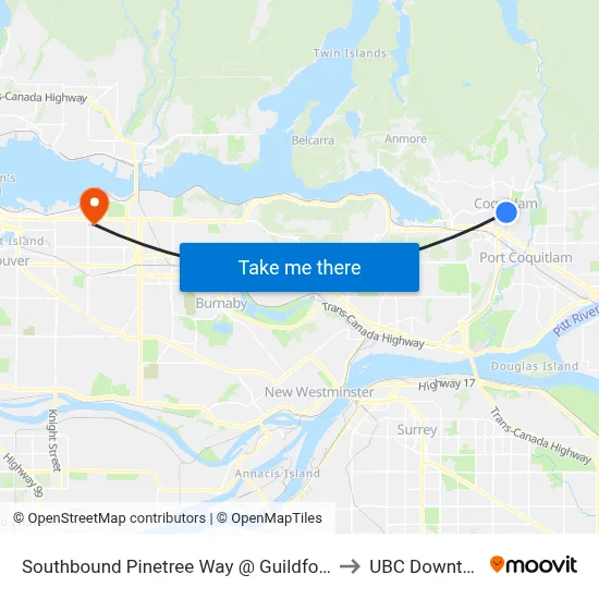 Southbound Pinetree Way @ Guildford Way to UBC Downtown map