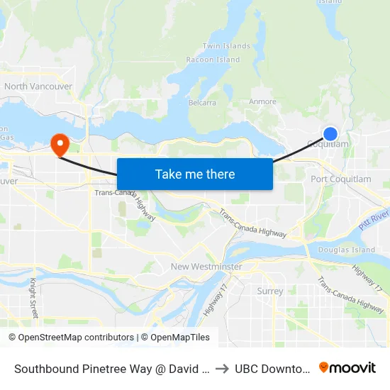 Southbound Pinetree Way @ David Ave to UBC Downtown map