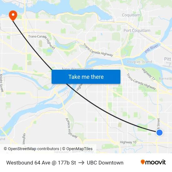 Westbound 64 Ave @ 177b St to UBC Downtown map