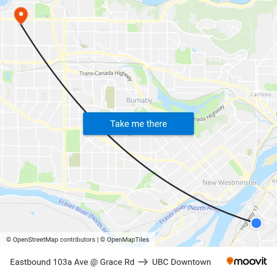 Eastbound 103a Ave @ Grace Rd to UBC Downtown map