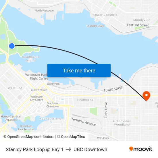 Stanley Park Loop @ Bay 1 to UBC Downtown map