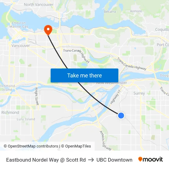 Eastbound Nordel Way @ Scott Rd to UBC Downtown map