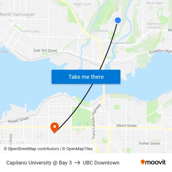 Capilano University @ Bay 3 to UBC Downtown map