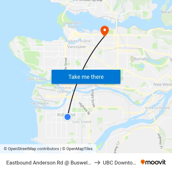 Eastbound Anderson Rd @ Buswell St to UBC Downtown map