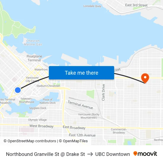 Northbound Granville St @ Drake St to UBC Downtown map