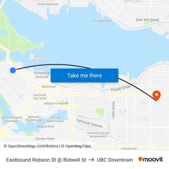 Eastbound Robson St @ Bidwell St to UBC Downtown map