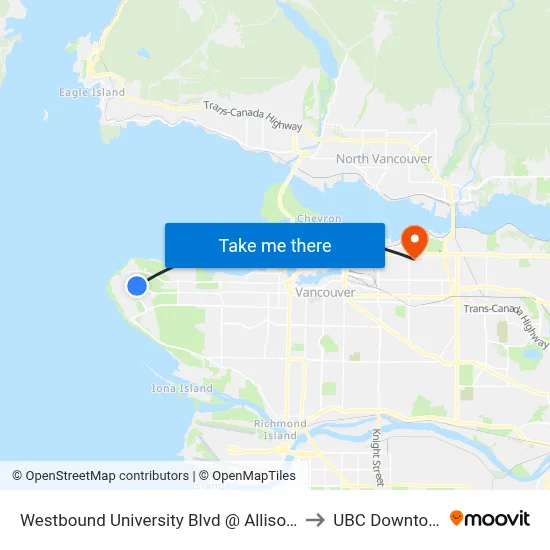 Westbound University Blvd @ Allison Rd to UBC Downtown map