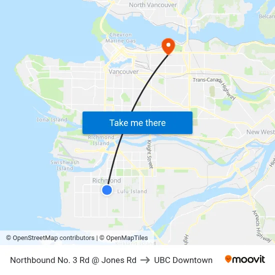 Northbound No. 3 Rd @ Jones Rd to UBC Downtown map