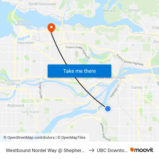 Westbound Nordel Way @ Shepherd Way to UBC Downtown map
