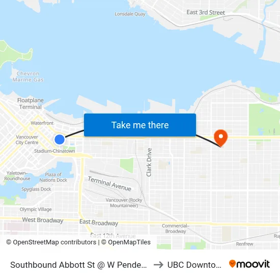 Southbound Abbott St @ W Pender St to UBC Downtown map