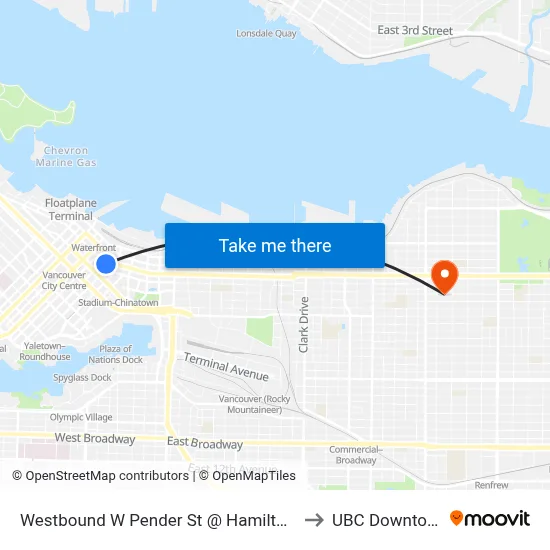 Westbound W Pender St @ Hamilton St to UBC Downtown map