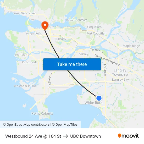 Westbound 24 Ave @ 164 St to UBC Downtown map