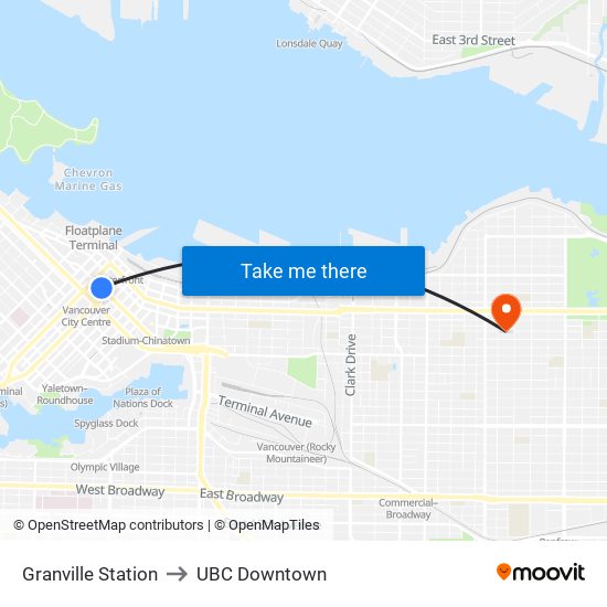 Granville Station to UBC Downtown map