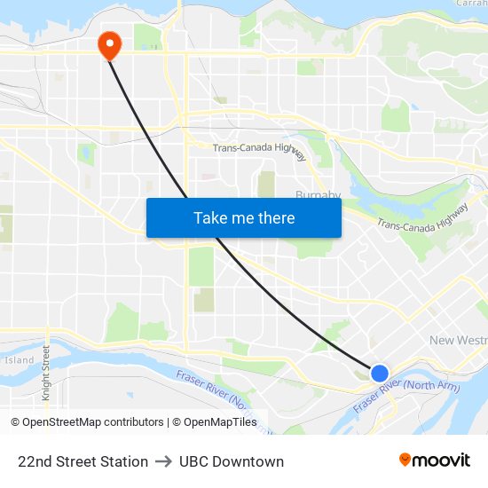 22nd Street Station to UBC Downtown map