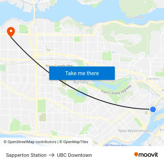 Sapperton Station to UBC Downtown map