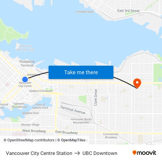 Vancouver City Centre Station to UBC Downtown map