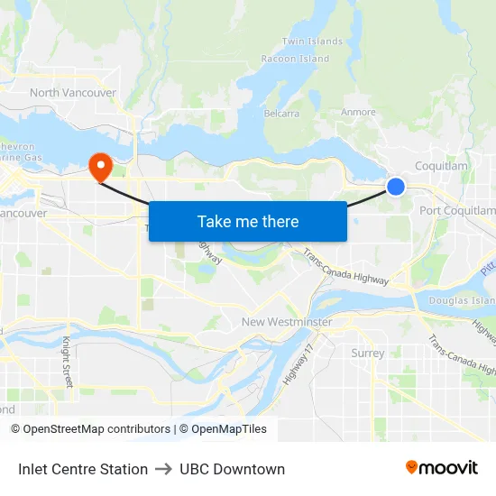 Inlet Centre Station to UBC Downtown map