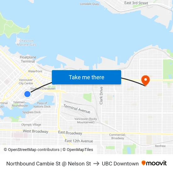 Northbound Cambie St @ Nelson St to UBC Downtown map