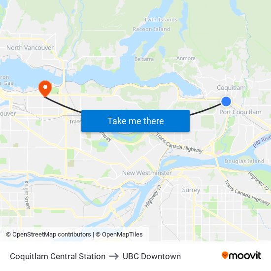 Coquitlam Central Station to UBC Downtown map