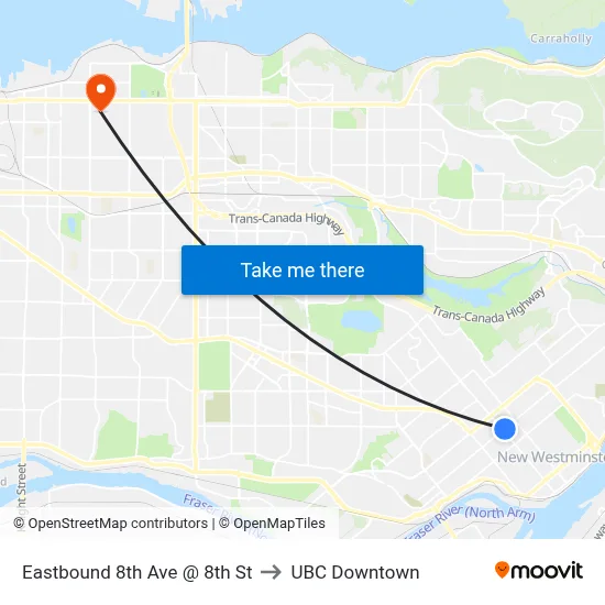 Eastbound 8th Ave @ 8th St to UBC Downtown map