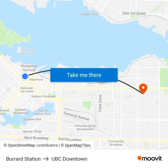 Burrard Station to UBC Downtown map