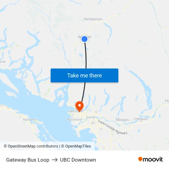 Gateway Bus Loop to UBC Downtown map