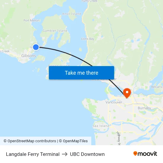 Langdale Ferry Terminal to UBC Downtown map