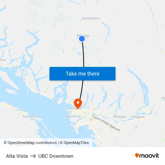 Alta Vista to UBC Downtown map