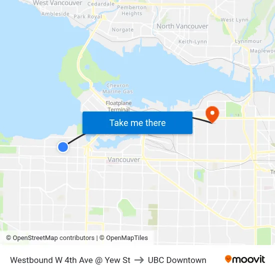 Westbound W 4th Ave @ Yew St to UBC Downtown map