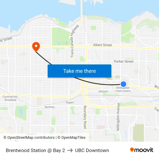 Brentwood Station @ Bay 2 to UBC Downtown map