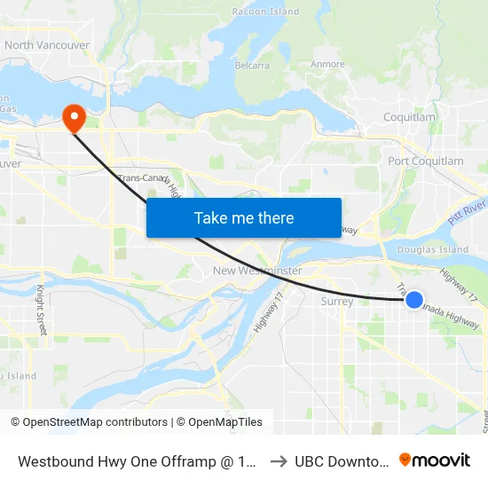 Westbound Hwy One Offramp @ 156 St to UBC Downtown map