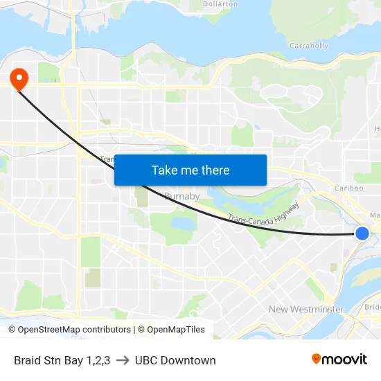 Braid Stn Bay 1,2,3 to UBC Downtown map