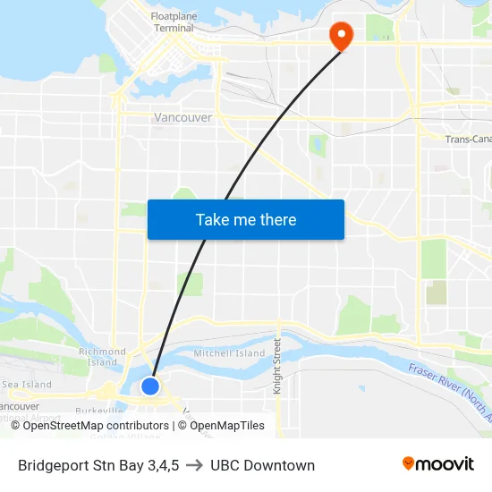 Bridgeport Stn Bay 3,4,5 to UBC Downtown map