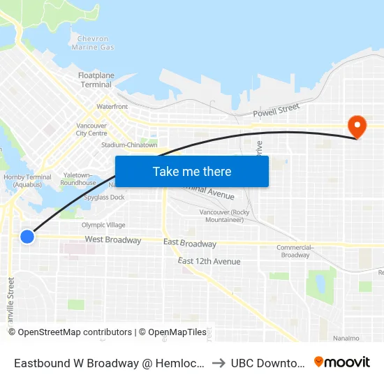 Eastbound W Broadway @ Hemlock St to UBC Downtown map