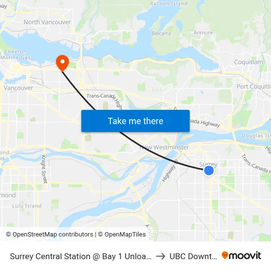 Surrey Central Station @ Bay 1 Unloading Only to UBC Downtown map