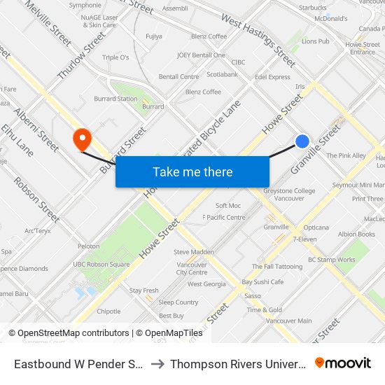 Eastbound W Pender St @ Granville St to Thompson Rivers University - Vancouver map