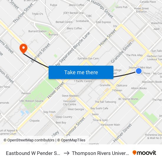 Eastbound W Pender St @ Seymour St to Thompson Rivers University - Vancouver map