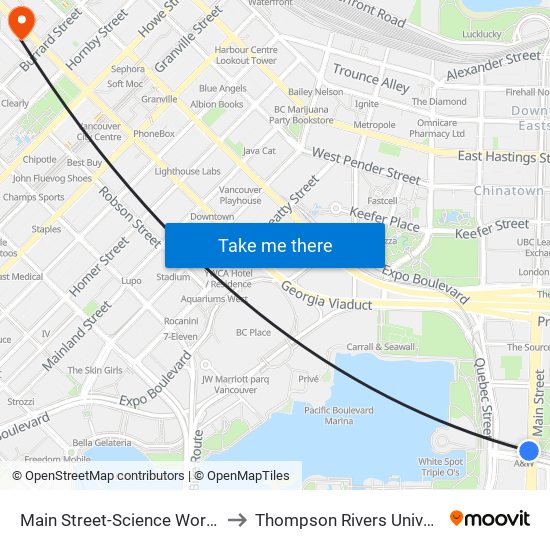 Main Street-Science World Station @ Bay 1 to Thompson Rivers University - Vancouver map