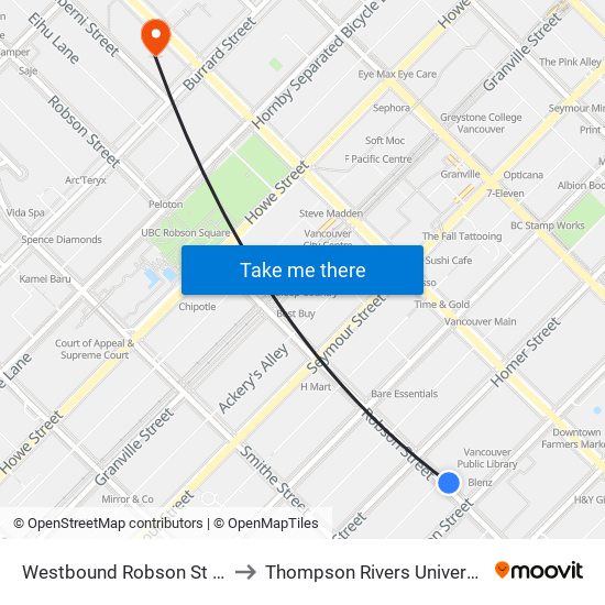 Westbound Robson St @ Hamilton St to Thompson Rivers University - Vancouver map