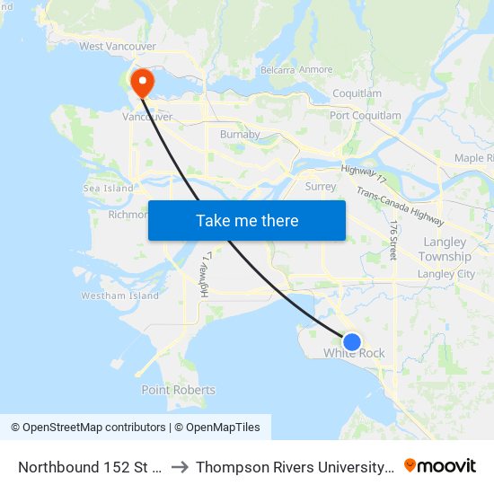 Northbound 152 St @ 22 Ave to Thompson Rivers University - Vancouver map