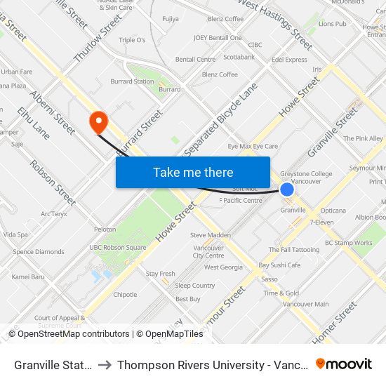 Granville Station to Thompson Rivers University - Vancouver map