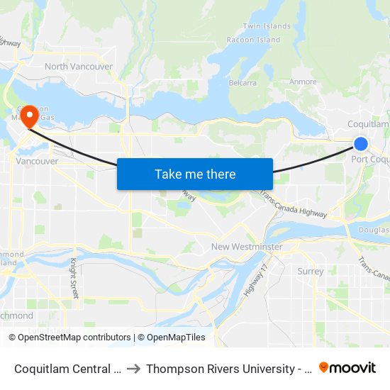 Coquitlam Central Station to Thompson Rivers University - Vancouver map