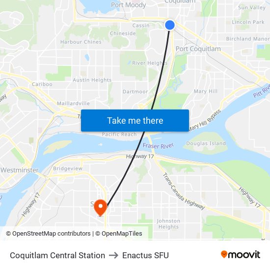 Coquitlam Central Station to Enactus SFU map