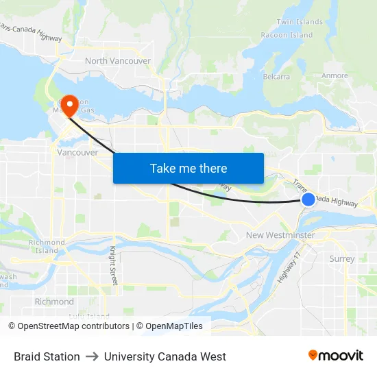 Braid Station to University Canada West map