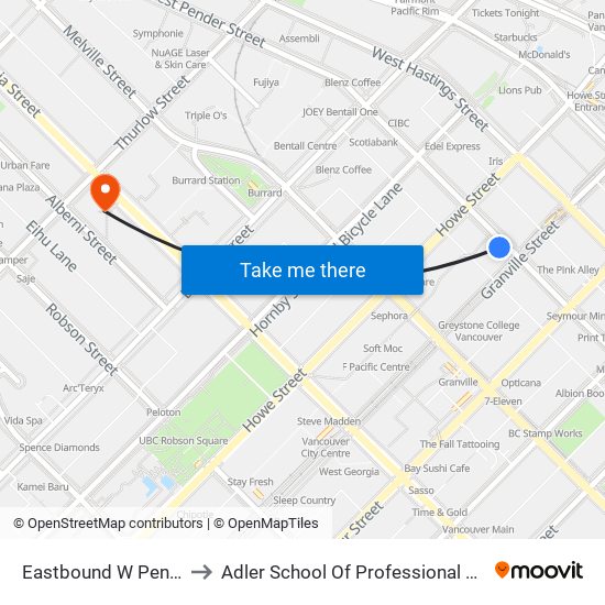 Eastbound W Pender St @ Granville St to Adler School Of Professional Psychology (Vancouver Campus) map