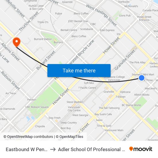 Eastbound W Pender St @ Seymour St to Adler School Of Professional Psychology (Vancouver Campus) map